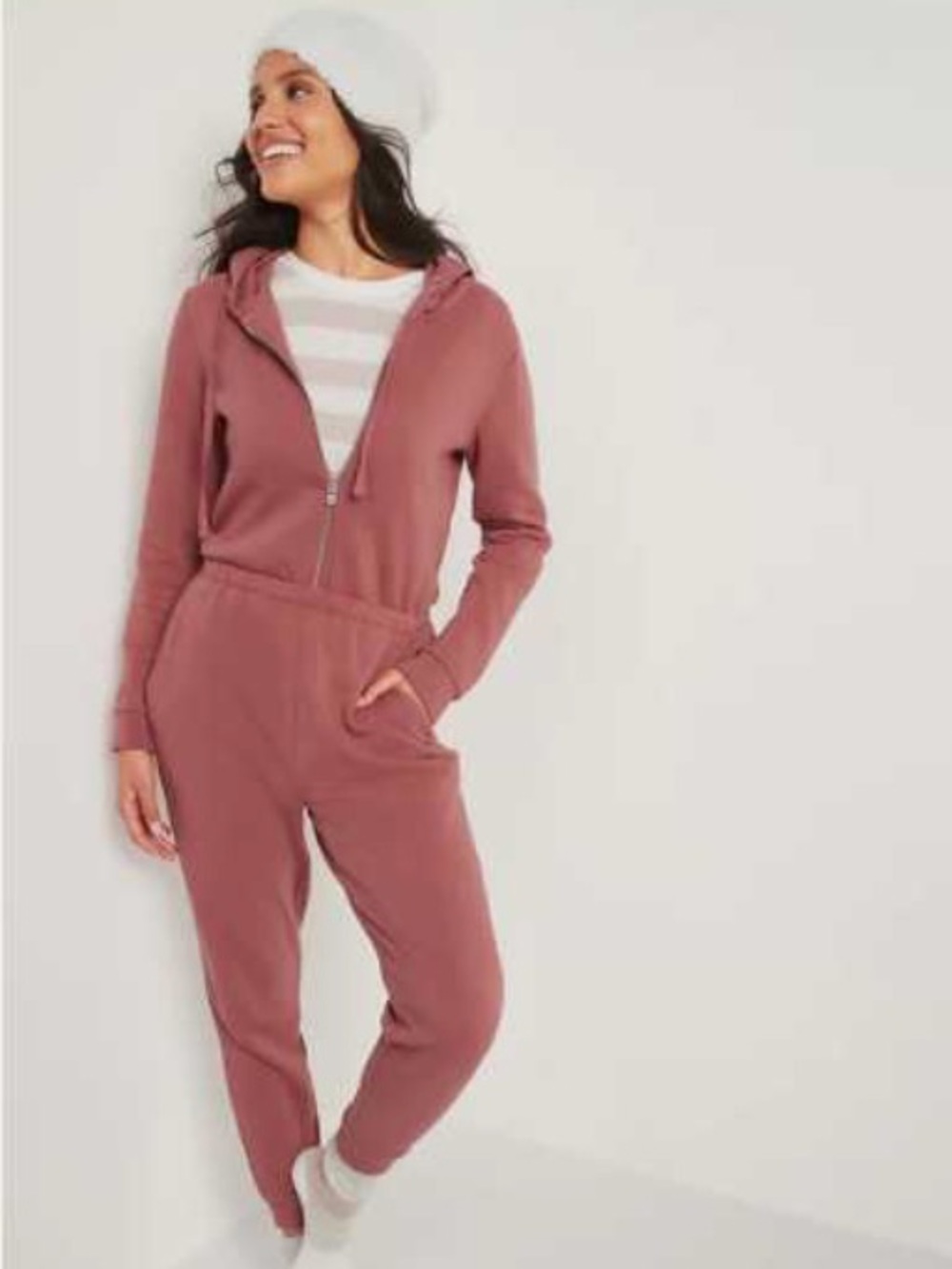 Old Navy Cozy Zip-Front Hooded Jumpsuit in Dusty Rose